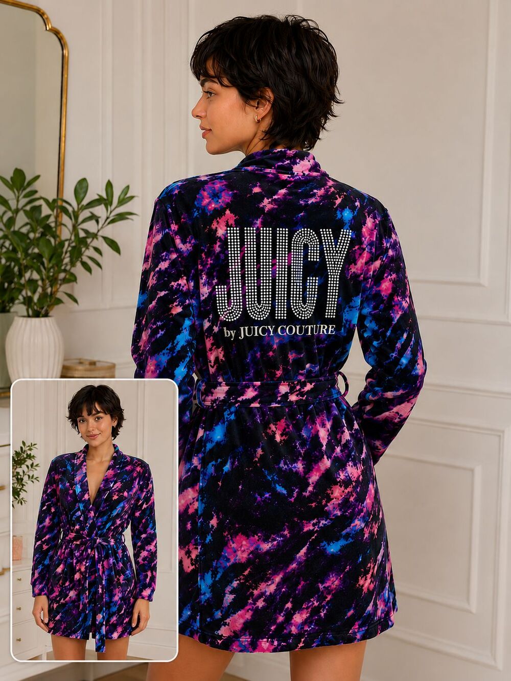 Juicy Couture Tie Dye Robe Medium Pink Blue Black Reflective Logo Belted M
